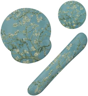 Blossoming Almond Tree Keyboard Wrist Rest Pad and Mouse Pad Wrist Support Set,White Flower 3-in-1 Ergonomic Mouse Pad with Non-Slip Rubber Base for Home Office Game Computers Desk,
