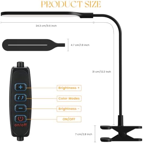 LED Clip on Light, 3 Color Modes & 10 Brightness Levels, 360° Flexible Gooseneck Clamp Lamp, Ultra Wide Brightness Range, USB Eye-Caring Table Light for Home Office/Reading/Painting, Black