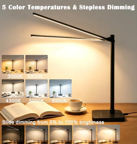 Desk Lamp for Office Home Dual Head 24W Swing Arm Reading Table Lamp Black