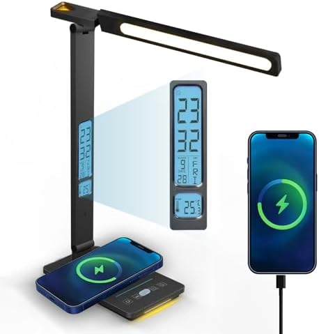 Desk Lamp with Wireless Charger, USB Charging Port, Smart Display Clock, Adjustable Brightness and Color Temperature, Touch Control Desk Light for Office and Bedroom