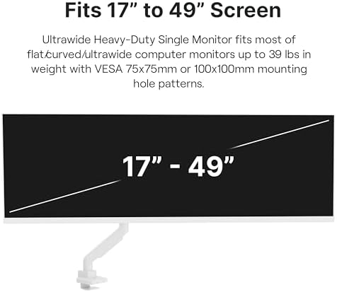Pixio PS2S White Ultrawide Heavy-Duty Premium Single Monitor Arm Stand Desk Mount - Fits up to 49 inches Monitors, Weights up to 39lbs Flat / 31lbs Curved, Compatible with VESA 75x75 100x100mm
