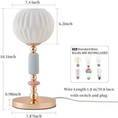 Modern Milk White Glass Table Lamp Bedside Nightstand Lamp Metal Desk Light with Plug Cord Switch for Bedroom Living Room Dining Room