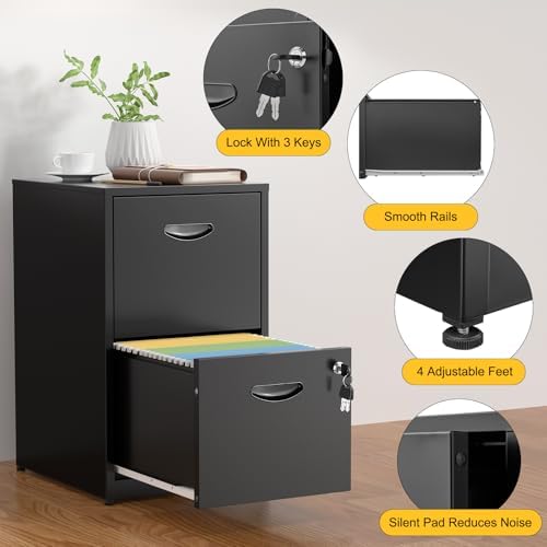 SteeLoong 2 Drawer File Cabinets,Metal Office File Cabinet with Lock,Black