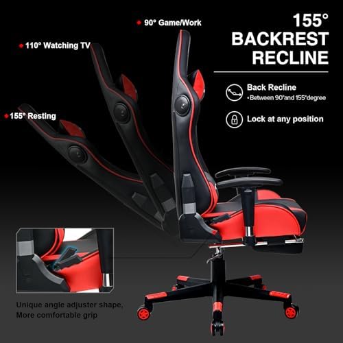 GTPLAYER Gaming Chair with Footrest Speakers Video Game Chair Bluetooth Music Heavy Duty Ergonomic Computer Office Desk Chair Red