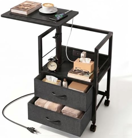 Faesun Night Stand with Charging Station & Swivel Top, Black Gray