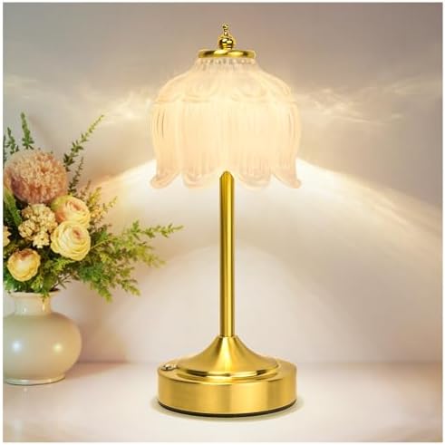 Cordless Table Lamp, Rechargeable White Glass Lotus Flower Lamp