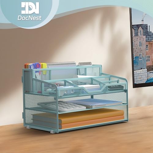 Docnest 3 Tier Mesh Desk Organizer with Letter Tray & Paper Sorter, Blue