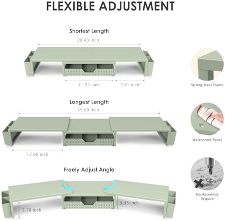 OPNICE Desk Organizers and Accessories, Dual Monitor Stand Riser with Drawer and 2 Pen Holders, Desk Shelf Printer Stand for Office Workspace Organizers, Desktop Organization (Sage Green)