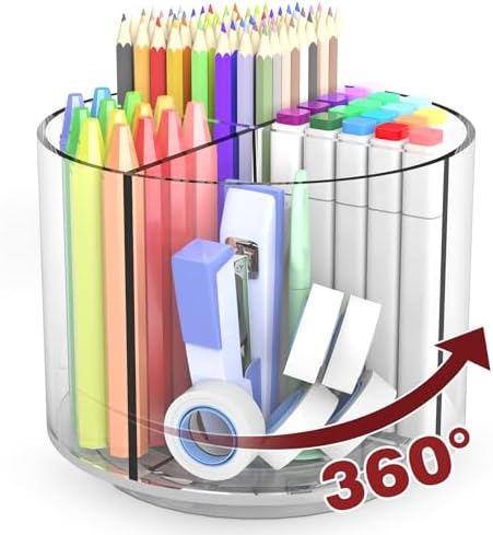 Absonic Pencil Holder for Kids, 360 Rotating Pen Holder for Desk Organizer and Storage, 4 Compartments Art Supply Marker Organizer, Pen Organizer Pencil Holder