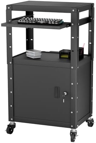 Mobile AV Cart with Cabinet, Rolling Computer Cart Height Adjustable Rolling Media Utility Cart with Extra Storage Space, 4 Outlets, Pullout Keyboard Tray Perfect for Home or Office Use