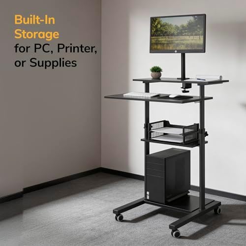 Mount-It! Mobile Computer Cart with Monitor Mount for Screen up to 32", Portable Desk on Wheels, Rolling Laptop Stand for Teachers, Office, Classroom, Rise up to 53", Podium, Keyboard Tray, Black