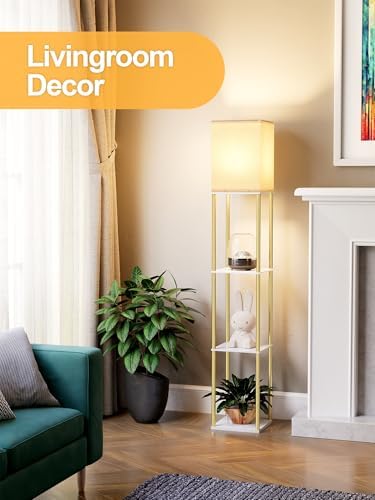 Floor Lamp with Shelves, Modern Corner Display Standing Column Shelf Lamp Etagere Organizer Tower Nightstand with White Linen Shade for Living Room, Bedroom and Office, Marble White and Gold Poles