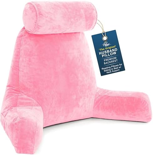 Husband Pillow XXL The Original for Adults - 30" Tall Backrest for Sitting Up in Bed - Firm Support Reading & Bed Rest Pillows for Adults, Neck Roll, Removable Cover - TV - Pink