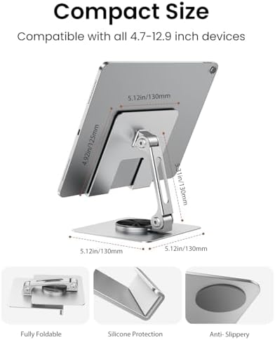 TIGRIS 360° Rotating Tablet Stand for iPad, Adjustable Foldable Metal Desk Stand, Stable Portable Tablet Holder for Office, Kitchen, Video Calls, Compatible with iPad Pro/Air/Mini, Kindle, Surface
