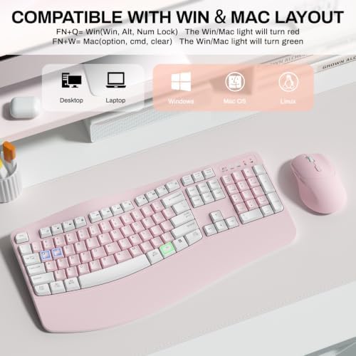 Wireless Keyboard and Mouse Combo,2.4G Ergonomic Wave Keys(Pink-A)