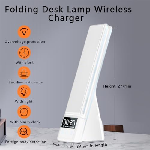IHAO 6in1 Multifunctional Foldable LED Table Lamp with Wireless Charger Digital Alarm Clock Eye-Care Lighting 3 Color Modes 15W Qi Charger for Phone/Headphones, iWatch Charger Compatible-N61 White