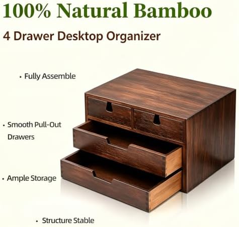 DEAYOU Bamboo Desk Organizer, 100% Natural Bamboo Desktop Drawer Organizer, Dark Brown Tabletop Storage Cabinet Organization Box with 4 Drawer for Makeup, Letter, Home, 3 Layer, Fully Assemble