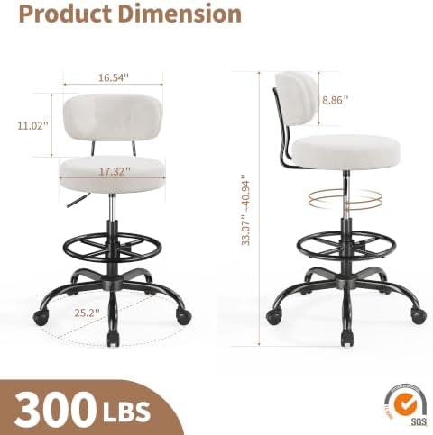 Homkdom Drafting Chair, Velvet Cream White