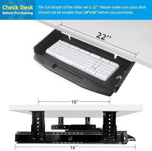 Solid Steel Under Desk Keyboard Tray Slide Out with 360° Rotating Mouse Platform,Keyboard Shelf Sliding,Under Desk Mounted Keyboard Holder,Under Desk Keyboard Drawer 28"Lx11"W