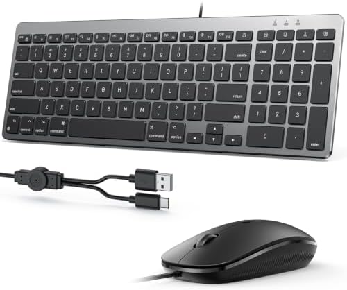 OMOTON Keyboard and Mouse for Mac, Wired USB-C & USB-A, Zero Setup, Grey
