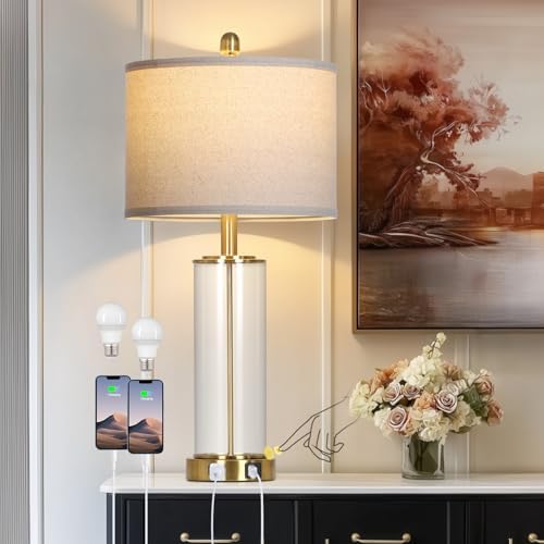 Ruzectt 26" Glass Table Lamp Single, 3-Way Dimmable Touch Control Living Room Lamp with USB C+A Ports & AC Outlet, Modern Bedside Lamps, Bedroom Lamps for Nightstand Side End Table Desk, Gold-1PK
