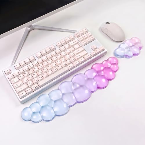 Gel Cloud Keyboard and Mouse Wrist Rest Set Gradient Pink Purple Blue Keyboard Wrist Rest Transparent Ergonomic Cute Mouse Wrist Pad Silicone Non-Slip Clear Wrist Rest for Computer 60% 68% 75% Office