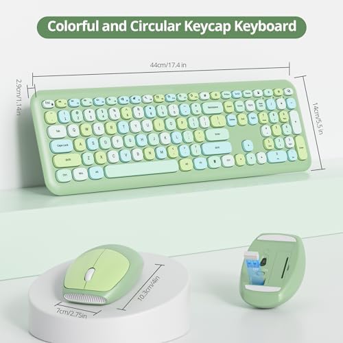 Surmen Cute Colorful Green Keyboard and Mouse Wireless Silent, Full-Size Retro Typewriter Wireless Quiet Slim Keyboard Low-Noise 2.4GHz for Computer, Desktop, Laptop(Sage Green)