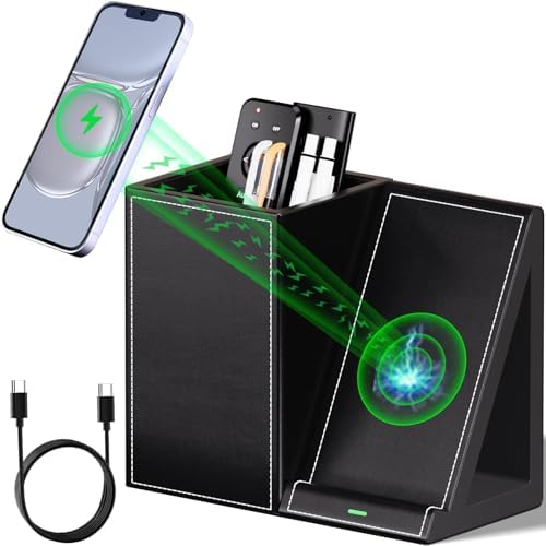 LADSTAG Pen Organizer with Phone Stand,Black Vegan Leather Desk Organizers with Remote Control Holder,Pencil Holder for Desk,Desk Organizer with Phone Charger for Office/Nightstand/Endtable