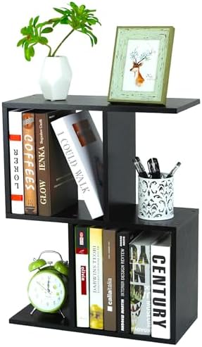 TQVAI 2-Tier Desktop Bookshelf, Freestanding Multipurpose Wood Desk Top Organizer for Books, Office Supplies, Plants, Photo Frames, Small Open Storage Shelves for Office Home Dorm, Black
