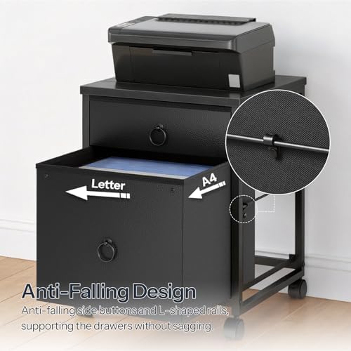 HOOBRO File Cabinet, 2-Drawer Vertical Mobile Office Cabinet, Rolling Printer Stand, for A4/Letter Size Files, Nonwovens Drawer, for Home Office, Black BB21WJ01