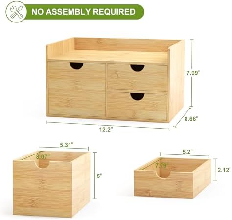 Wisuce Bamboo Desk Drawer Organizer, 3 Drawer Desktop Organizer with Drawers Tabletop Storage Organization Box for Office Home Toiletries Supplies Vanity, No Assembly Required