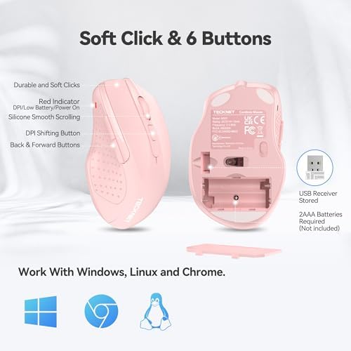 TECKNET Wireless Mouse, 2.4G Ergonomic Computer Mouse, 2600 DPI, Pink