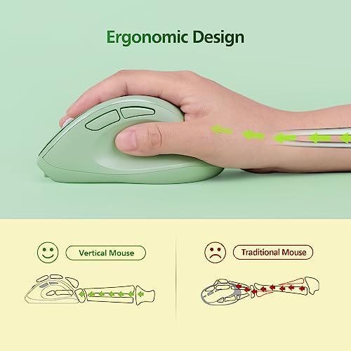 Micropack Ergonomic Vertical Wireless Bluetooth Mouse for Laptop MacBook PC Rechargeable Silent Click 3-Mode Multi-Device 2.4G Adjustable DPI Compatible with Windows Android iOS MacOS Green