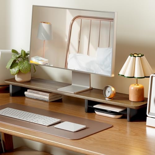 PEGZONE 46" Dual Monitor Riser, Metal Shelf Wooden Desk Organizer