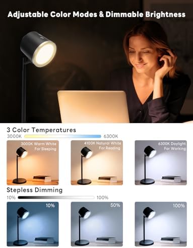 Magnetic LED Desk Lamp, Cordless Dimmable Reading Light, 3 Color Modes, 360° Rotatable, Multi-Scene Light for Home Office Bedroom Hallway Camping
