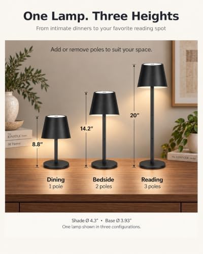 Cordless Table Lamp, 5000mAh Rechargeable, Adjustable 8.8"-20"