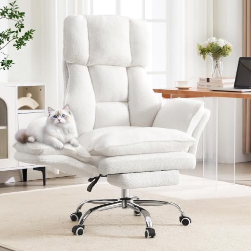 Big and Tall Office Chair with Flip Arms and Footrest, Teddy Criss Cross Legged Home Office Desk Chair with Pet Seat, Comfy Reclining Computer Gaming Chair, White