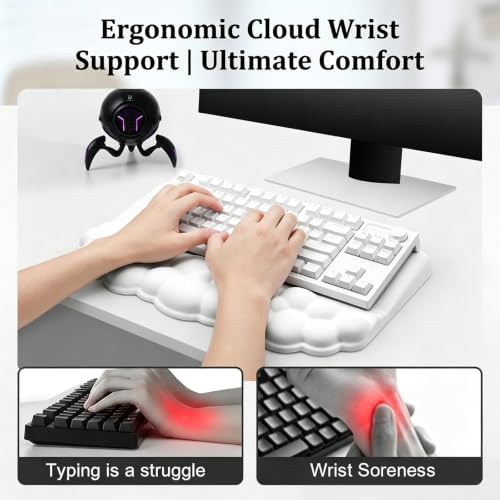 Cloud Keyboard Wrist Rest with Sloped Keyboard Pad, Ergonomic 3-in-1 Mouse Pad with Wrist Support and Coaster, Non-Slip Memory Foam Desk Mat Set for Mechanical Keyboard, Office & Gaming,White