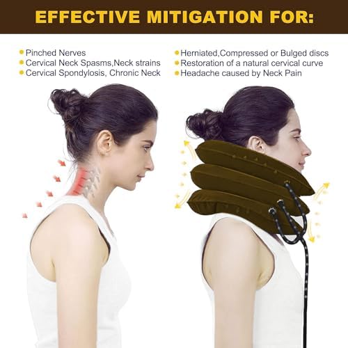 Cervical Neck Traction Device for Neck Pain Relief, Adjustable Inflatable Neck Stretcher Neck Brace, Neck Traction Pillow for Use Neck Decompression and Neck Tension Relief (Brown)