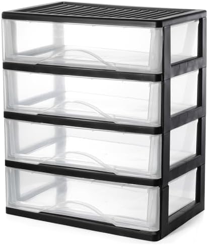 BYCY Medium 4 Drawer Clear Stacking Desktop Organizer for Office Supplies,Stackable Storage Drawers Plastic Storage Bins For Kitchen Cabinets, Pantry, Home Organization (Black, Medium 4Drawer)