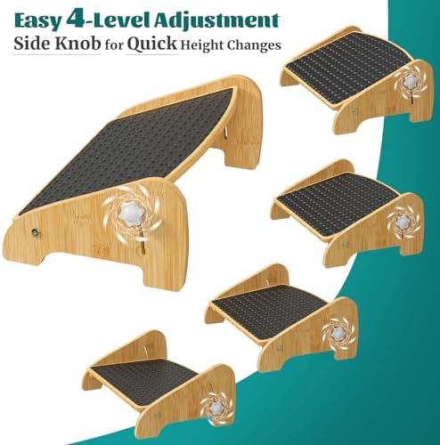 Under Desk Footrest, Foot Rest Under Desk with Side Rotating Button, 4 Adjustable Heights Wooden Office Footrest, Large Anti-Slip Surface, Wide Seat with Soft Bumps, Fit for Office, Living Room