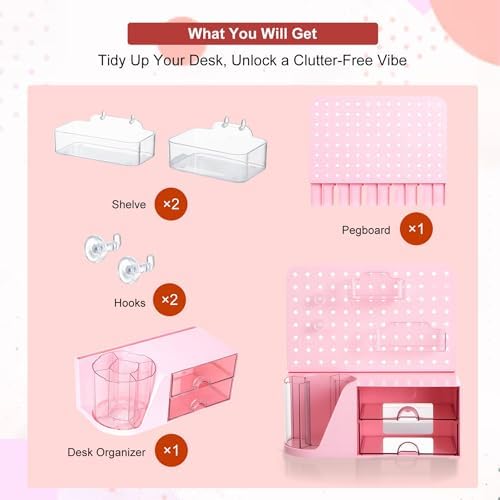 Comix Desk Organizer with 2 Drawer, Pink 360° Rotating Pen Holder for Desk