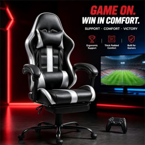 Gaming Chair with Ergonomic Footrest & Massage Lumbar Support, White