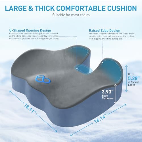 BlissTrends Thick Seat Cushion for Office Chair & Car Seat, XL, Grey&Blue