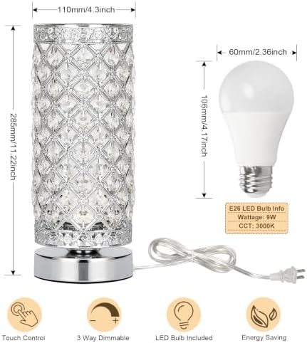 Crystal Table Lamp, 3 Way Touch Control Dimmable Bedside Nightstand Lamp