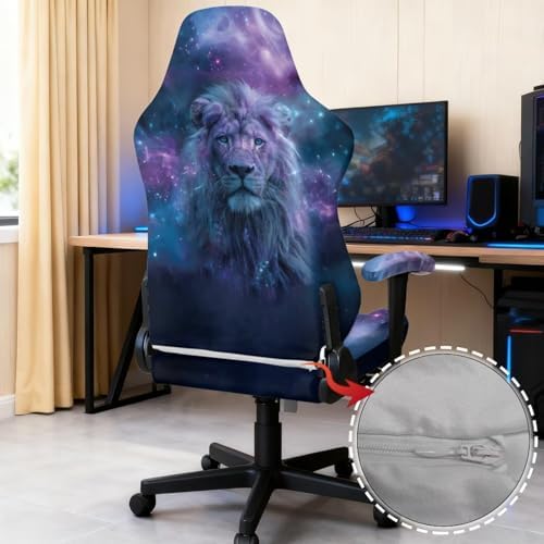 Galaxy Lion Gaming Chair Cover with Armrest Cover Scratch Proof Stretchable Universal Rotating Desk Chair Slipcover Washable Non-Fading