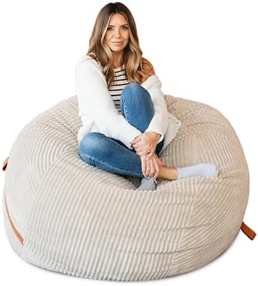 Big Joe Fuf 5Ft Oversized Foam Bean Bag Chair with Removable Cover for Kids, Teens, Adults, Vanilla Latte, Corded Plush, 5 Foot Large Reading and Gaming Seat