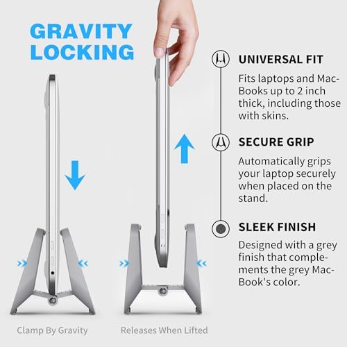 AFOOYO Vertical Laptop Stand with Gravity Locking – ABS Adjustable Laptop Holder Desktop Stand Compatible with MacBook, Surface, iPad, mini PC and More (Gray)