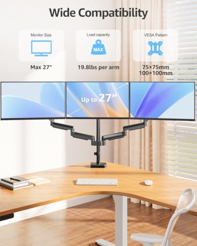 MOUNTUP Triple Monitor Stand Mount - 3 Monitors Desk Mount for Computer Screens Up to 27 inch, Triple Monitor Arm, Heavy Duty Monitors Stand, Each Arm Holds 4.4-19.8 lbs, Black