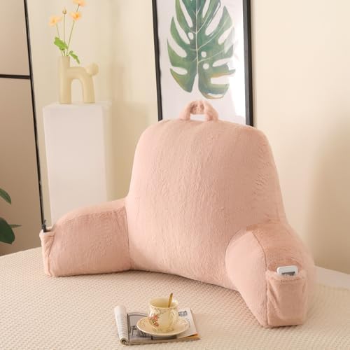 Large Plush Backrest Pillow for Sitting in Bed,Faux Fur,Pink